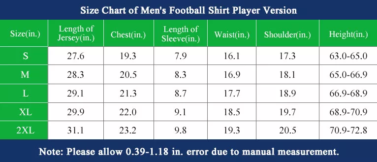 Size chart of Football Shirt Player