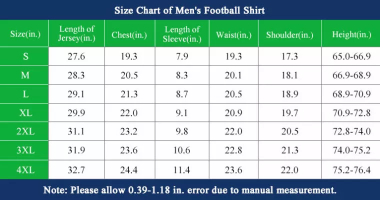 size chart of Monterrey Home Shirt 2023/24 