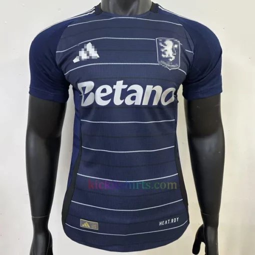 Aston Villa 2024/25 Third Shirt in navy with pinstripe design, silver accents, and 150th-anniversary emblem.
