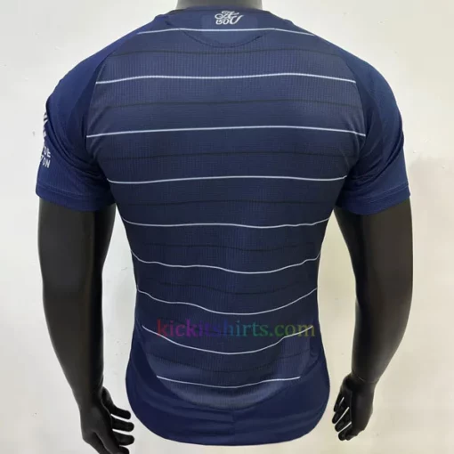 Aston Villa 2024/25 Third Shirt in navy with pinstripe design, silver accents, and 150th-anniversary emblem.