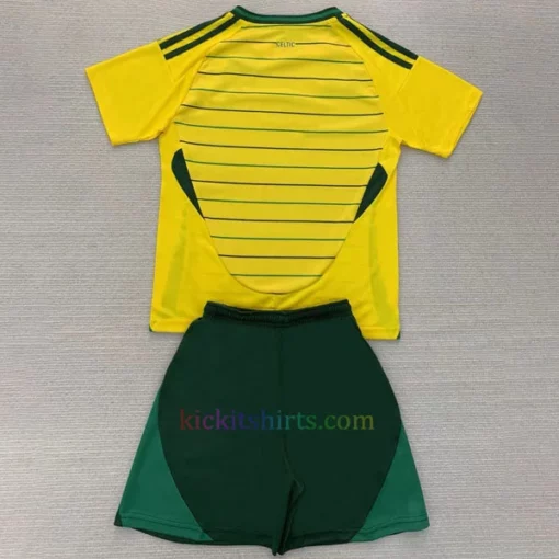Celtic Away Kit Kids 2024/25 featuring a yellow base, green pinstripes, and a simplified club badge.