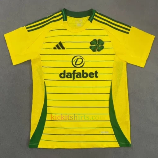 Celtic Away Shirt 202425 featuring a yellow base, green pinstripes, and a simplified club badge.