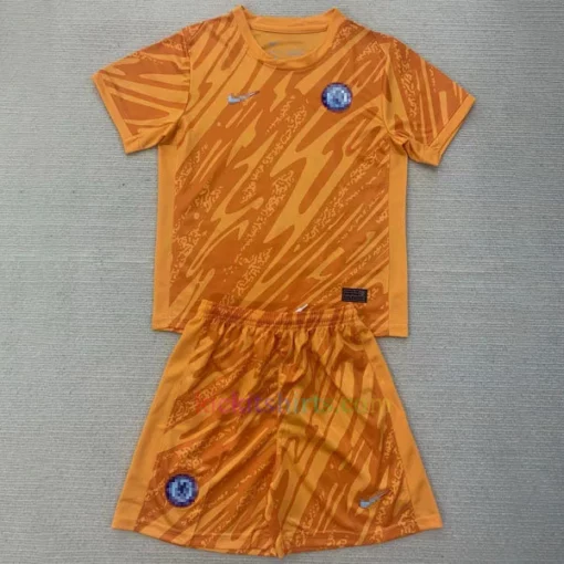 Chelsea Goalkeeper Kit Kids 202425 Orange in bright orange with official club logo, featuring breathable, moisture-wicking fabric for comfort and flexibility.