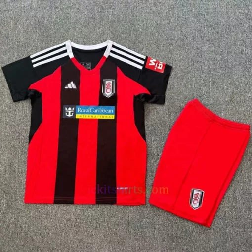 Fulham Away Kit Kids 2024/25 - retro-inspired black and red stripes with white details and breathable fabric.