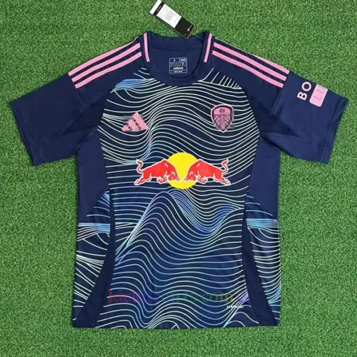 the front view of Leeds United Third Shirt 202425; with a topography-inspired design in navy and light pink.