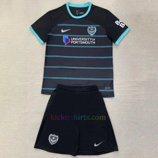 Front View: Portsmouth Away Kit Kids 2024/25 featuring a black base with bold double hyper turquoise hoops, hyper turquoise accents on the neckline and sleeve cuffs, and Nike branding on the chest.