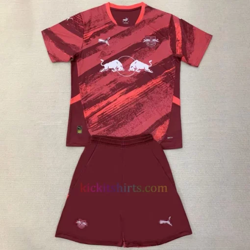 RB Leipzig Away Kit Kids 2024/25 featuring a maroon and red pattern with white accents.