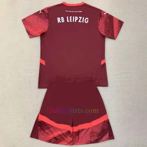 RB Leipzig Away Kit Kids 2024/25 featuring a maroon and red pattern with white accents.