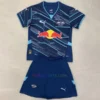 RB Leipzig Third Kit Kids 2024/25 in dark blue with mint green details, featuring futuristic graphics and white crests.