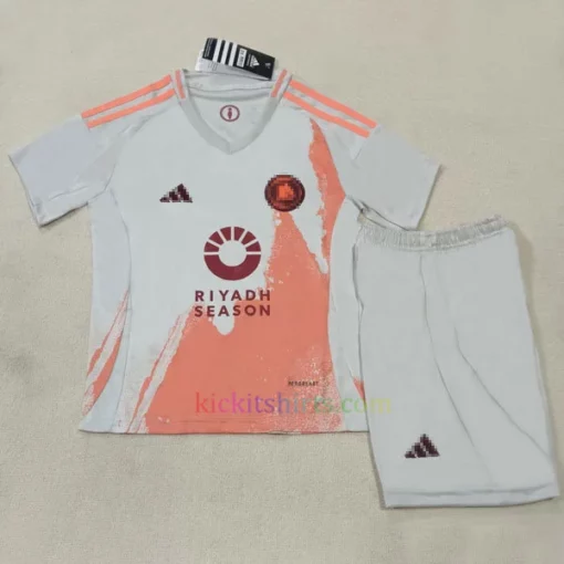 AS Roma 2024/25 away kids' kit with Testaccio-inspired orange graphics, amphora detail, and Gratton wolf-cub crest.