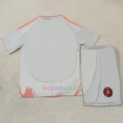 AS Roma 2024/25 away kids' kit with Testaccio-inspired orange graphics, amphora detail, and Gratton wolf-cub crest.