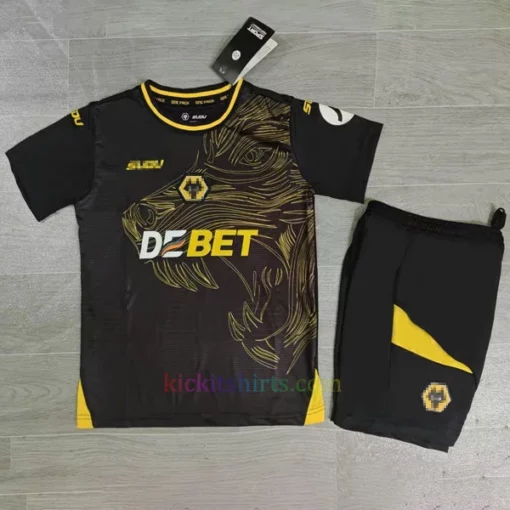 Wolves Away Kit Kids 2024/25 with central logo, wolf motif, and gold accents.