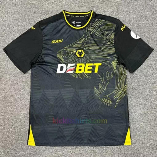 Front view: Wolves Away Shirt 202425 with central logo, wolf motif, and gold accents.