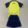 Back view of the West Bromwich Albion Away Kit Kids 2024/25. Showcases the clean yellow design with royal blue sleeves embossed with West Brom crest patterns for added detail.