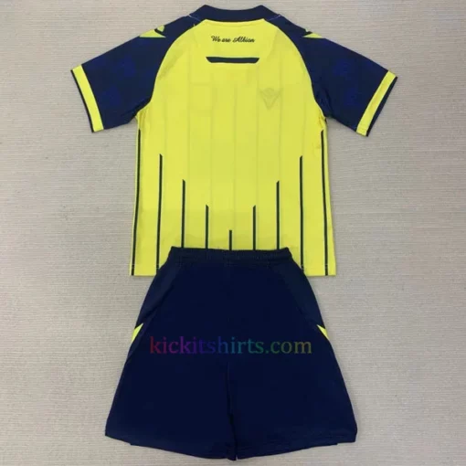 Back view of the West Bromwich Albion Away Kit Kids 2024/25. Showcases the clean yellow design with royal blue sleeves embossed with West Brom crest patterns for added detail.