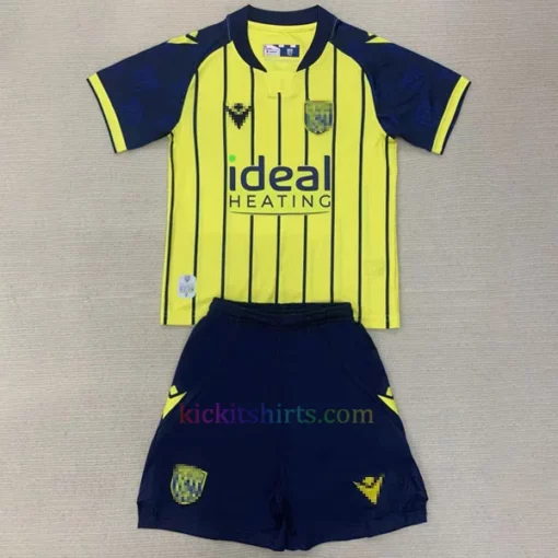 Front view of the West Bromwich Albion Away Kit Kids 2024/25. Features a vibrant yellow base with thin royal blue stripes, a royal blue collar, and yellow cuffs with blue trim.