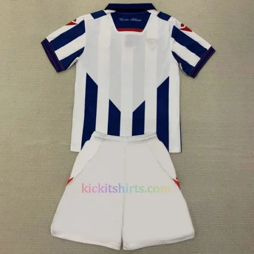 Back view of the West Bromwich Albion Home Kit Kids 2024/25. Highlights the clean blue and white striped design with "We are Albion" text applied on the back collar for a unique touch.