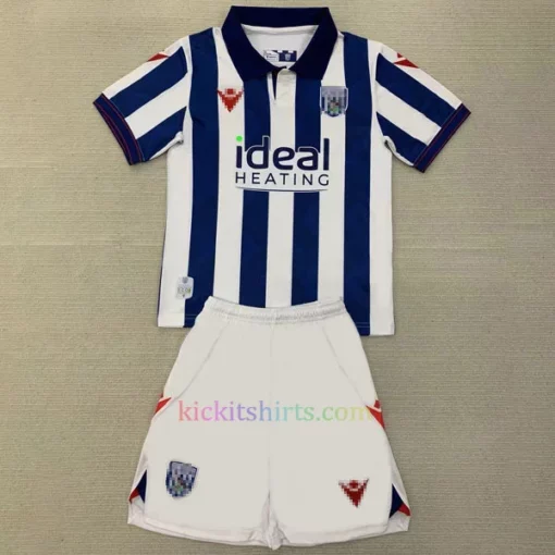 Front view of the West Bromwich Albion Home Kit Kids 2024/25. Features traditional blue and white stripes with faint arrow patterns, a blue polo collar with red trim, and a high-definition silicon crest with a shiny polyester finish.