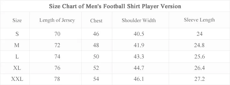 size chart of men's football shirt player version