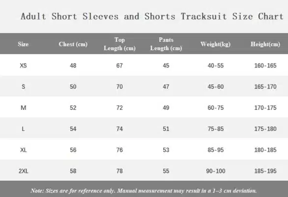 Adult short sleeves and shorts size chart 3.27 only