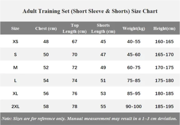 Adult Training Set(Short Sleeve & Shorts) Size Chart 2025.3.7